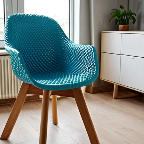Home 4 **
Prompt: "Stylish eco-friendly chair made from recycled plastic bottles in a modern Russian apartment. Natural light, minimalist design, plants in the background. Focus on the chair's texture and unique design, highlighting its sustainability."
**