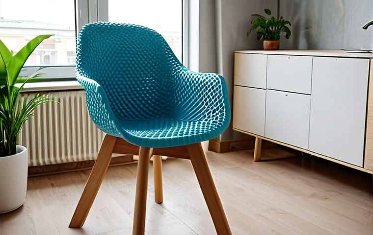 **
Prompt: "Stylish eco-friendly chair made from recycled plastic bottles in a modern Russian apartment. Natural light, minimalist design, plants in the background. Focus on the chair's texture and unique design, highlighting its sustainability."
**
