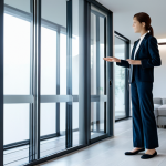 A professional woman in modest, modern attire, standing within a sophisticated smart home living room bathed in soft, natural light. The environment features innovative smart surfaces: a floor with subtle embedded sensors that emit a gentle, ambient glow, and walls that dynamically adjust their texture to enhance comfort. She is interacting with a large, transparent display window that shows advanced climate control and energy efficiency data. The image conveys a sense of seamless integration between technology and daily life, highlighting comfort and future living. Fully clothed, appropriate attire, safe for work, perfect anatomy, correct proportions, natural pose, well-formed hands, proper finger count, natural body proportions, professional photography, high quality, family-friendly, appropriate content.