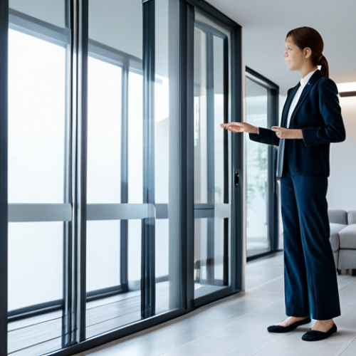A professional woman in modest, modern attire, standing within a sophisticated smart home living room bathed in soft, natural light. The environment features innovative smart surfaces: a floor with subtle embedded sensors that emit a gentle, ambient glow, and walls that dynamically adjust their texture to enhance comfort. She is interacting with a large, transparent display window that shows advanced climate control and energy efficiency data. The image conveys a sense of seamless integration between technology and daily life, highlighting comfort and future living. Fully clothed, appropriate attire, safe for work, perfect anatomy, correct proportions, natural pose, well-formed hands, proper finger count, natural body proportions, professional photography, high quality, family-friendly, appropriate content.