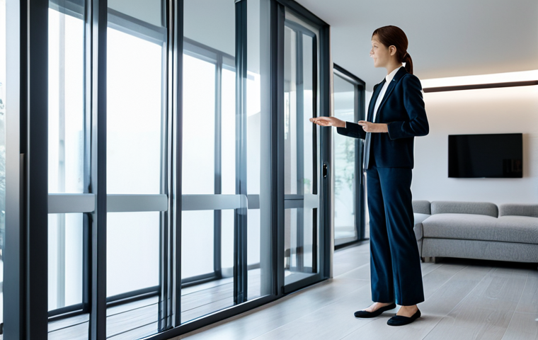 A professional woman in modest, modern attire, standing within a sophisticated smart home living room bathed in soft, natural light. The environment features innovative smart surfaces: a floor with subtle embedded sensors that emit a gentle, ambient glow, and walls that dynamically adjust their texture to enhance comfort. She is interacting with a large, transparent display window that shows advanced climate control and energy efficiency data. The image conveys a sense of seamless integration between technology and daily life, highlighting comfort and future living. Fully clothed, appropriate attire, safe for work, perfect anatomy, correct proportions, natural pose, well-formed hands, proper finger count, natural body proportions, professional photography, high quality, family-friendly, appropriate content.