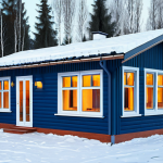 **

"Cozy Russian dacha exterior in winter, showcasing insulated walls with visible ecowool insulation layer detail, double-paned windows with argon filling reflecting winter sunlight, snow-covered roof, warm light emanating from windows, surrounding birch trees, overcast sky, professional photography, realistic, 8k resolution."

**