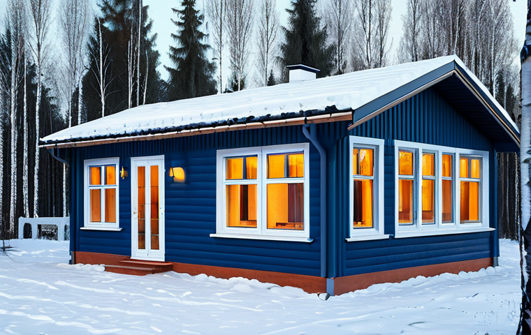**
"Cozy Russian dacha exterior in winter, showcasing insulated walls with visible ecowool insulation layer detail, double-paned windows with argon filling reflecting winter sunlight, snow-covered roof, warm light emanating from windows, surrounding birch trees, overcast sky, professional photography, realistic, 8k resolution."
**