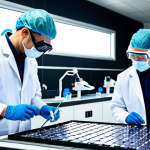 **

A team of scientists in a modern laboratory, working on graphene-based solar panels. The scene showcases advanced technology, with detailed close-ups of the graphene material. Everyone is fully clothed in lab coats and safety goggles. Safe for work, appropriate content, professional setting, perfect anatomy, natural proportions, high quality.

**