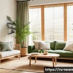 Home 21 환경친화적 소재 - A cozy, sunlit living room scene showcasing eco-friendly home goods: natural wooden furniture, soft ...