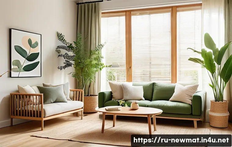 환경친화적 소재 - A cozy, sunlit living room scene showcasing eco-friendly home goods: natural wooden furniture, soft ...