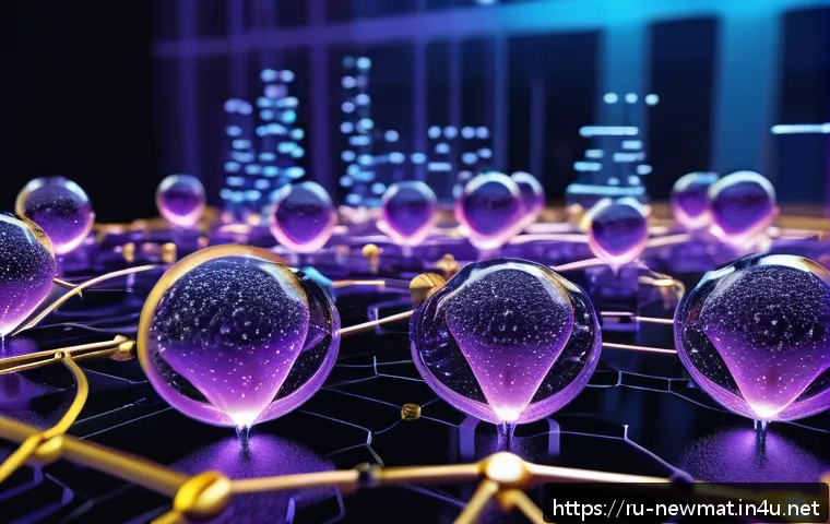 자기조립 나노소재 - A high-tech laboratory scene showcasing molecular self-assembly of nanoparticles: intricate clusters...