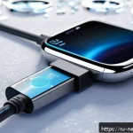 Home 23 충전 효율 소재 - A close-up view of a futuristic charging cable made from graphene and silver nanomaterials, showcasi...