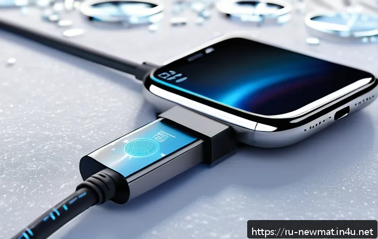 충전 효율 소재 - A close-up view of a futuristic charging cable made from graphene and silver nanomaterials, showcasi...