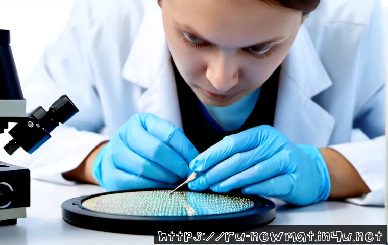 Home 17 차세대 반도체 소재 - Photorealistic close-up of a Russian semiconductor research laboratory, gloved scientist carefully e...