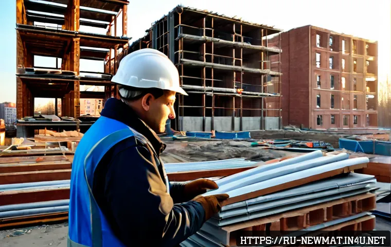 구조적 소재 - Photorealistic construction site in a Russian city, neatly arranged structural materials including s...