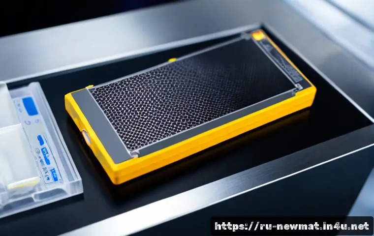 Home 17 그래핀 기반 배터리 - Photorealistic close-up of a sleek graphene-based battery module on a clean engineering workbench, d...